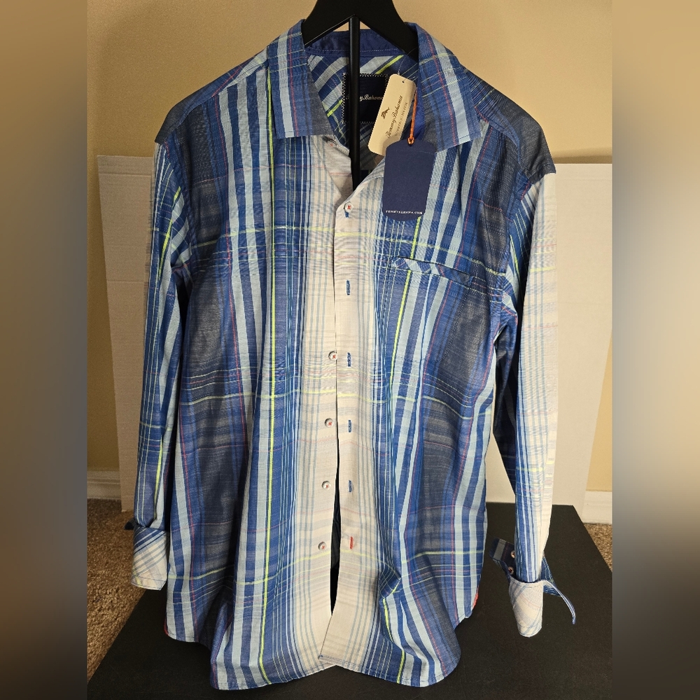 Tommy Bahama Shirt Mens Large Blue Plaid Long Sleeve Button Up Cotton NWT